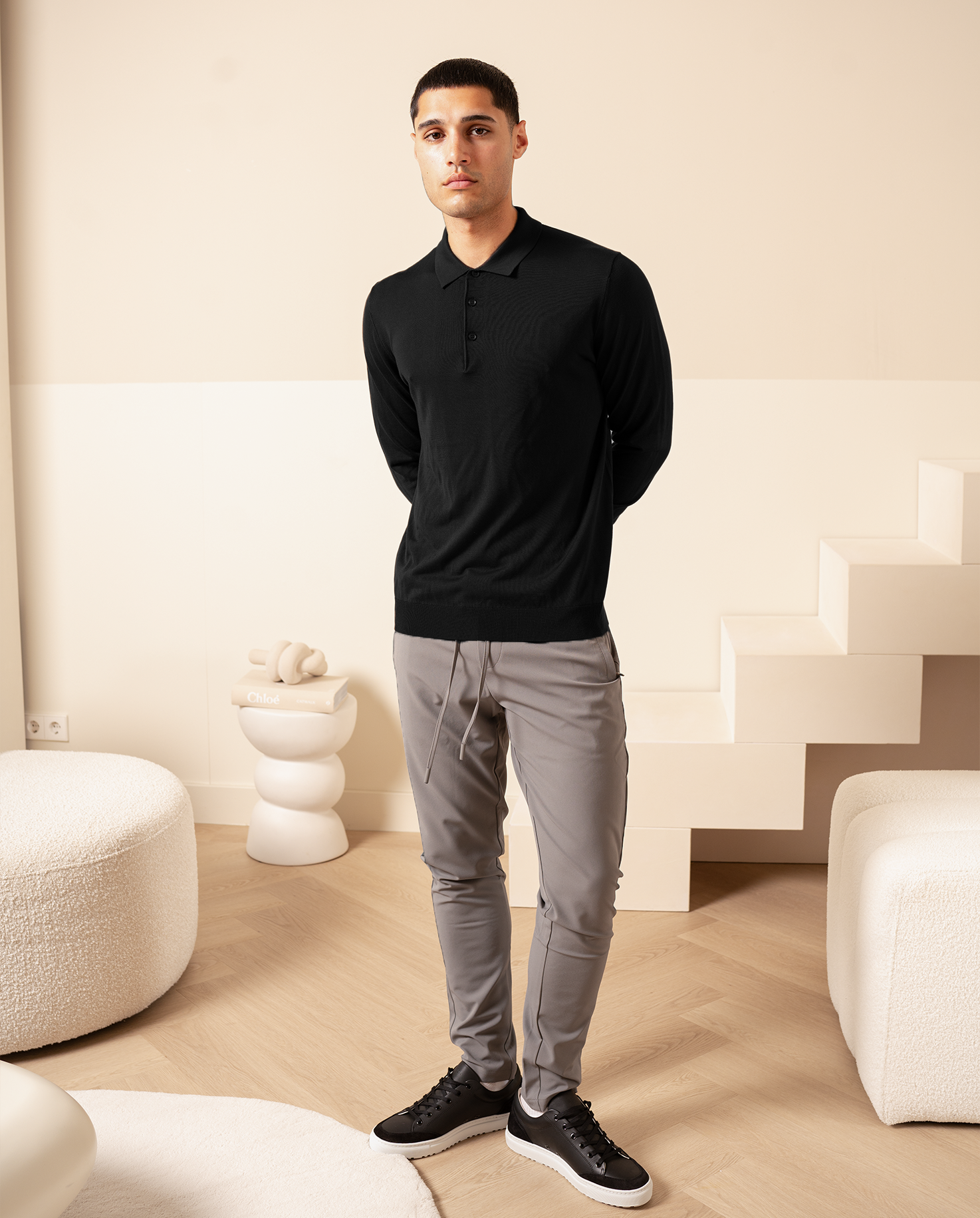 KNIT LS POLO - BLACK