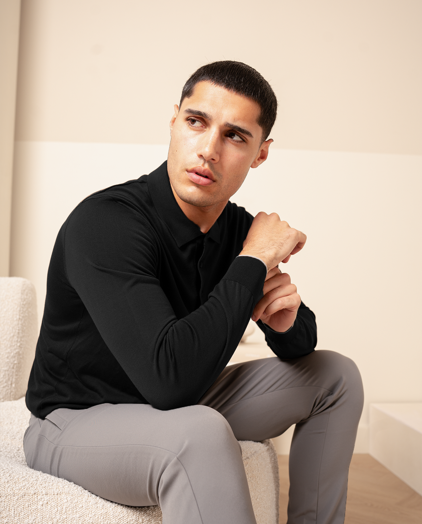 KNIT LS POLO - BLACK