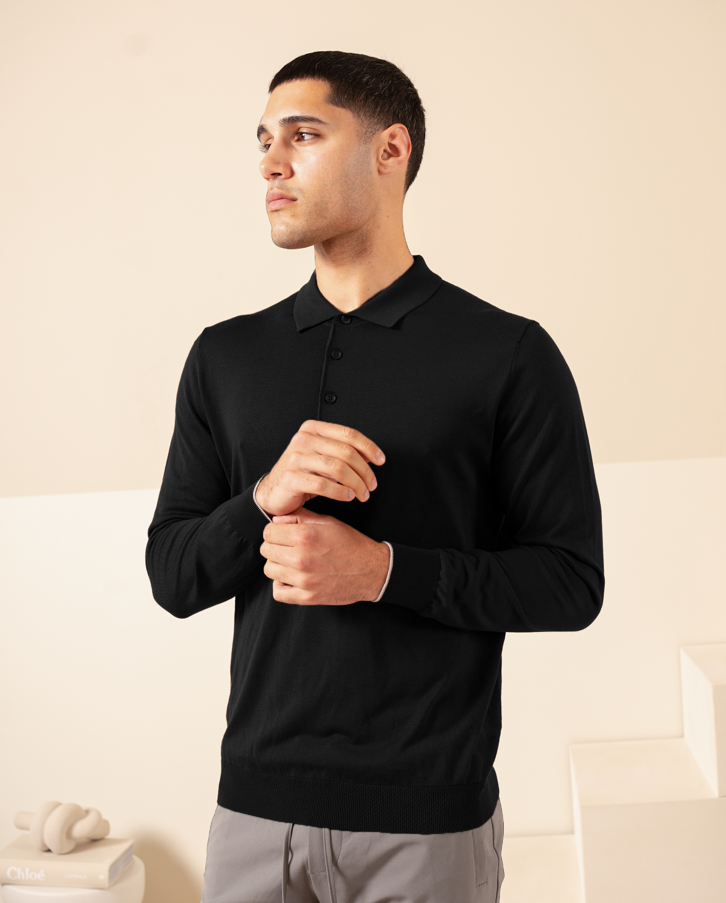 KNIT LS POLO - BLACK