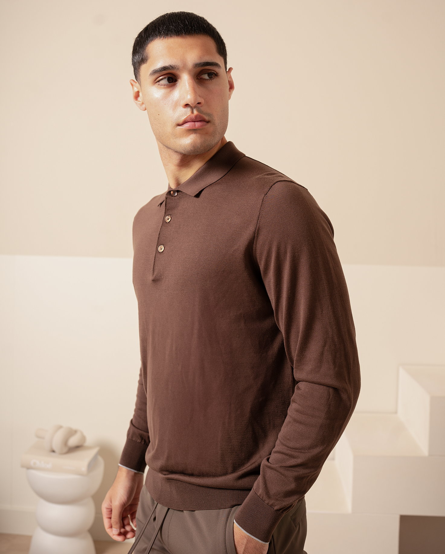 KNIT LS POLO - EBONY